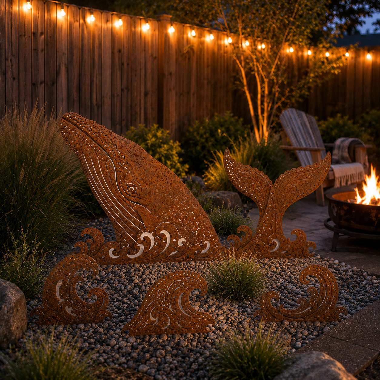 5-Piece Whale Garden Stakes – Rustic Metal Ocean Wave Yard Art
