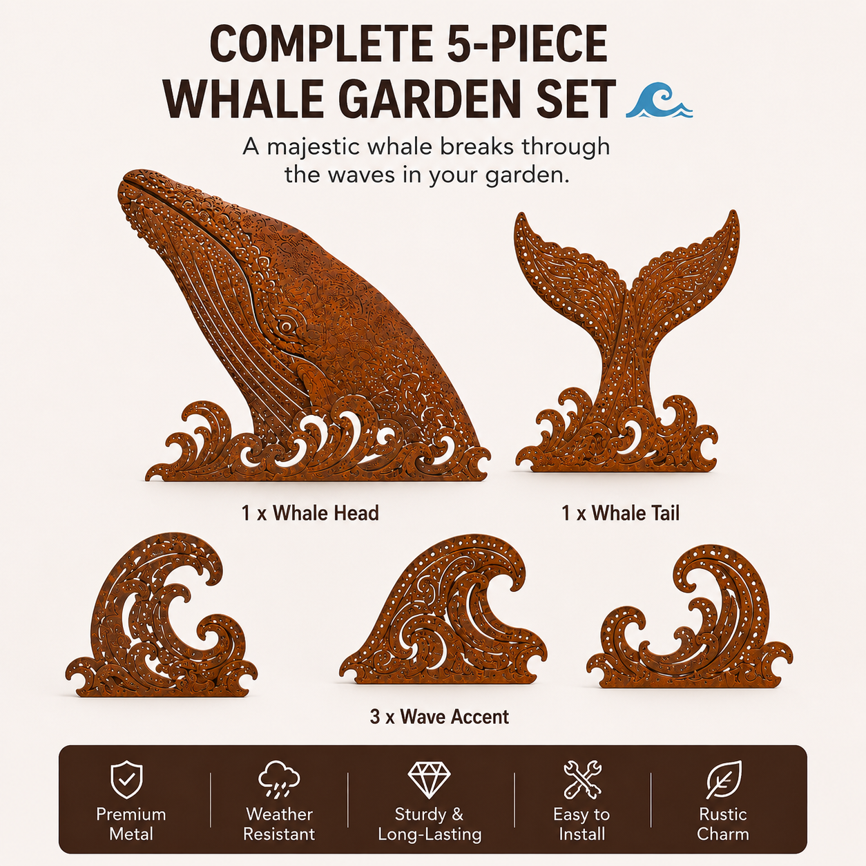 5-Piece Whale Garden Stakes – Rustic Metal Ocean Wave Yard Art