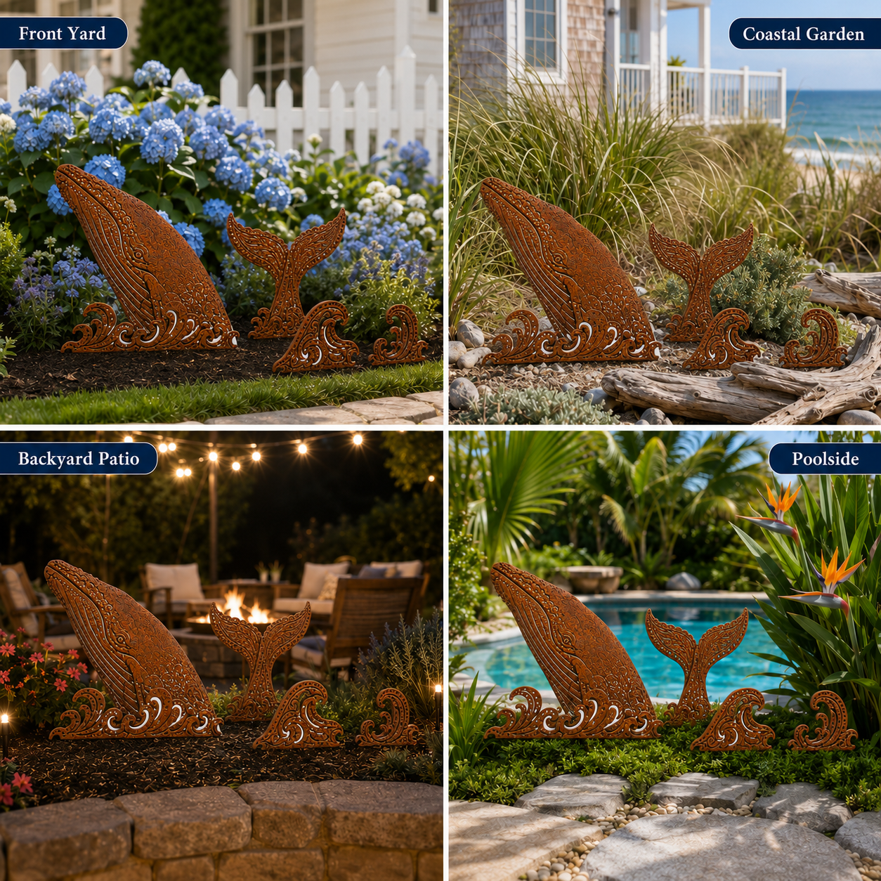 5-Piece Whale Garden Stakes – Rustic Metal Ocean Wave Yard Art