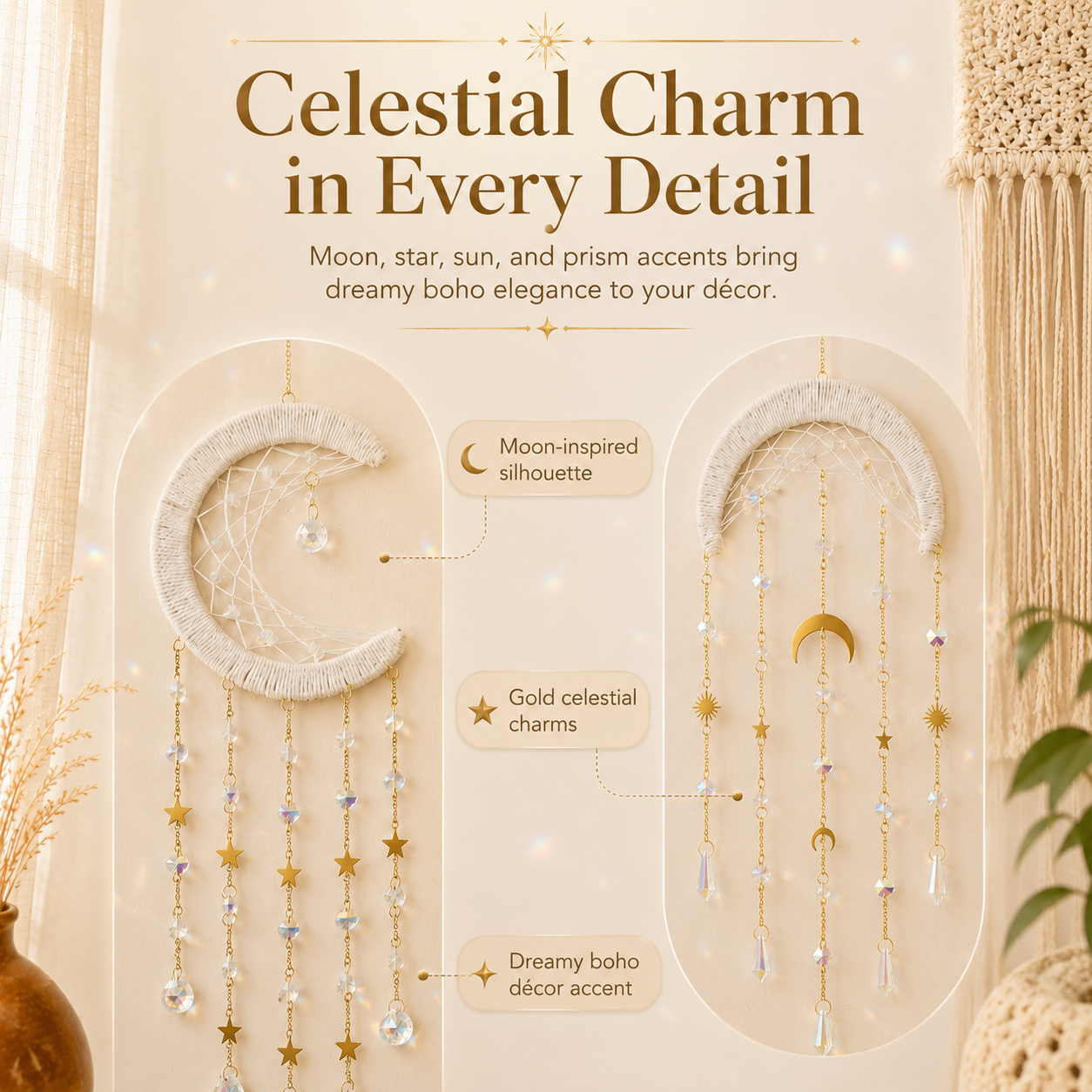 Crystal Moon Suncatcher Wall Hanging – Boho Celestial Window Décor with Rainbow Prisms