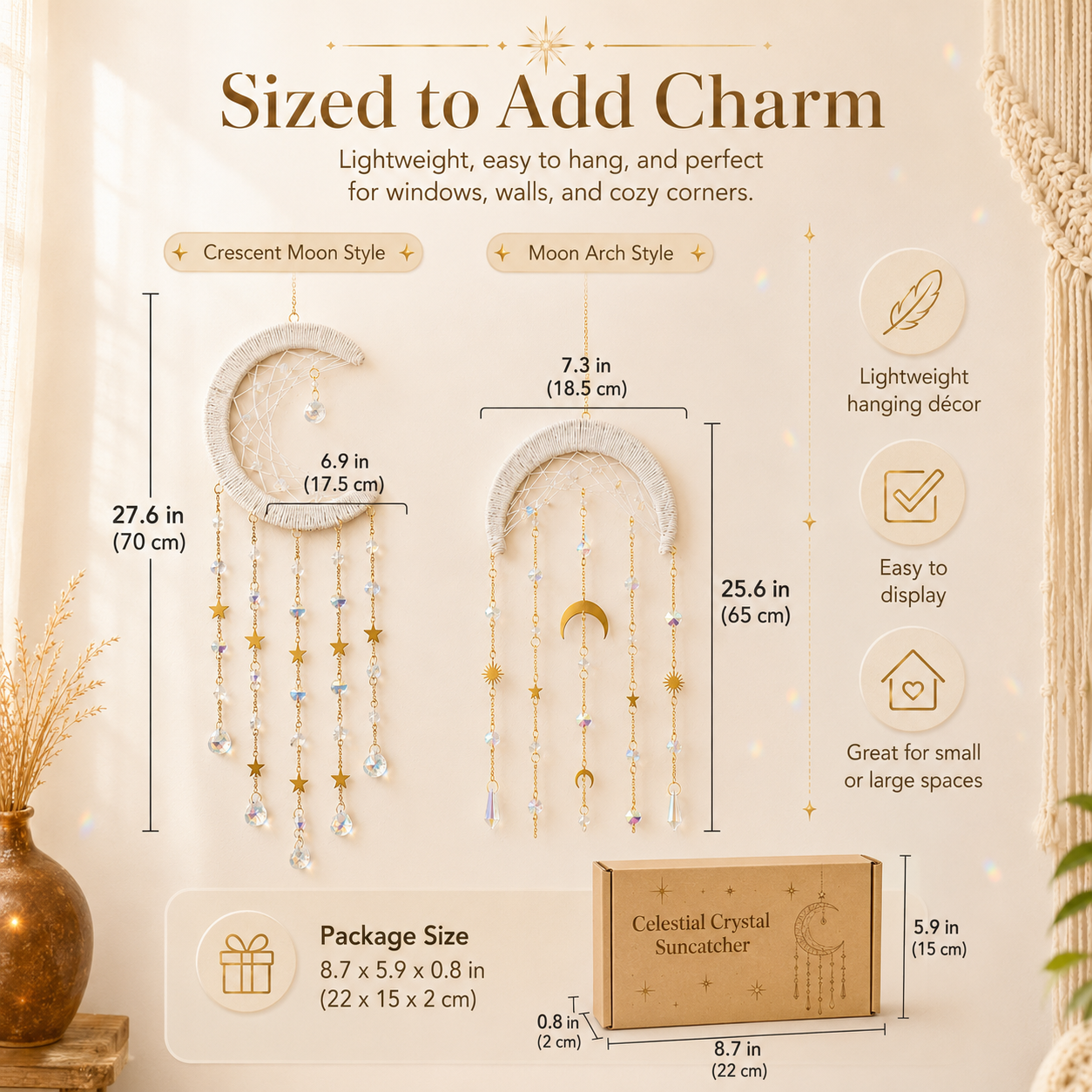 Crystal Moon Suncatcher Wall Hanging – Boho Celestial Window Décor with Rainbow Prisms