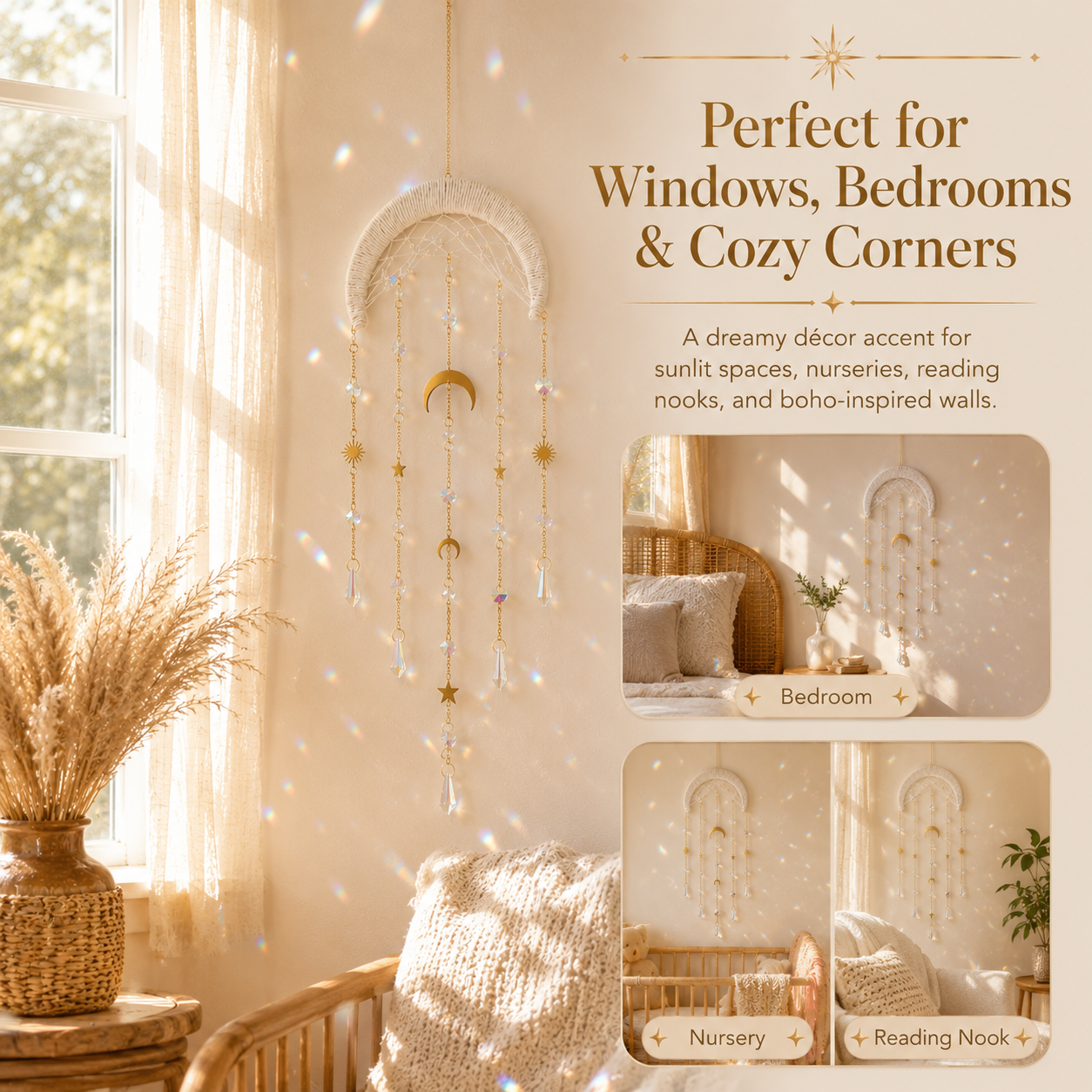 Crystal Moon Suncatcher Wall Hanging – Boho Celestial Window Décor with Rainbow Prisms