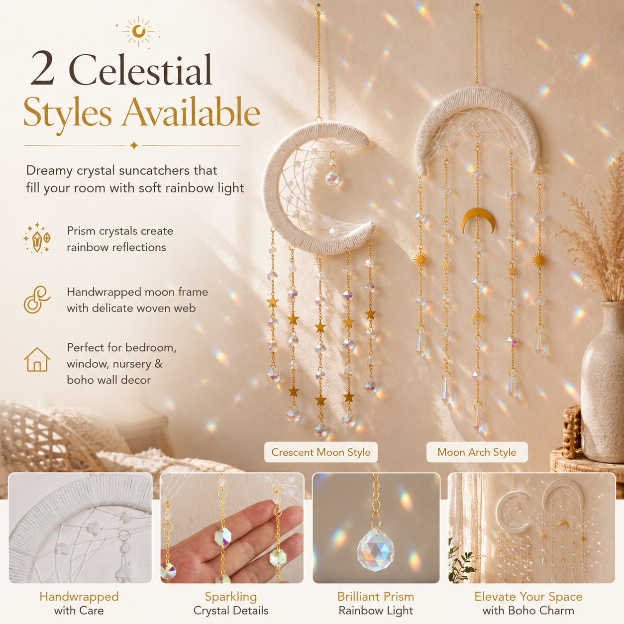 Crystal Moon Suncatcher Wall Hanging – Boho Celestial Window Décor with Rainbow Prisms