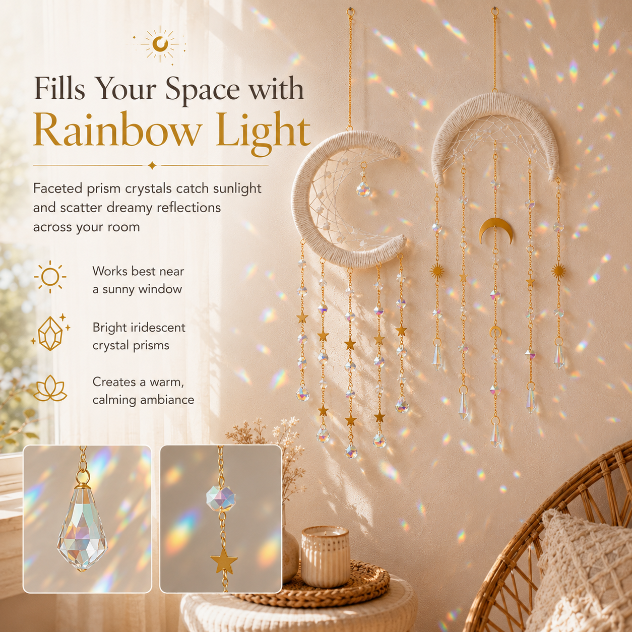 Crystal Moon Suncatcher Wall Hanging – Boho Celestial Window Décor with Rainbow Prisms