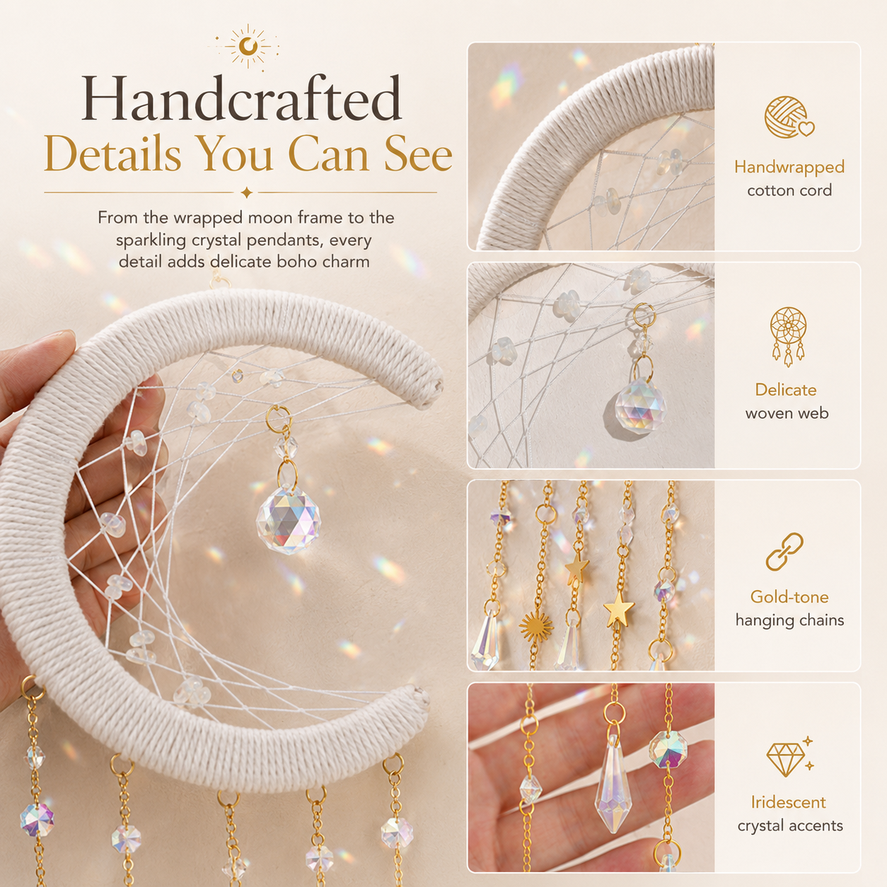 Crystal Moon Suncatcher Wall Hanging – Boho Celestial Window Décor with Rainbow Prisms