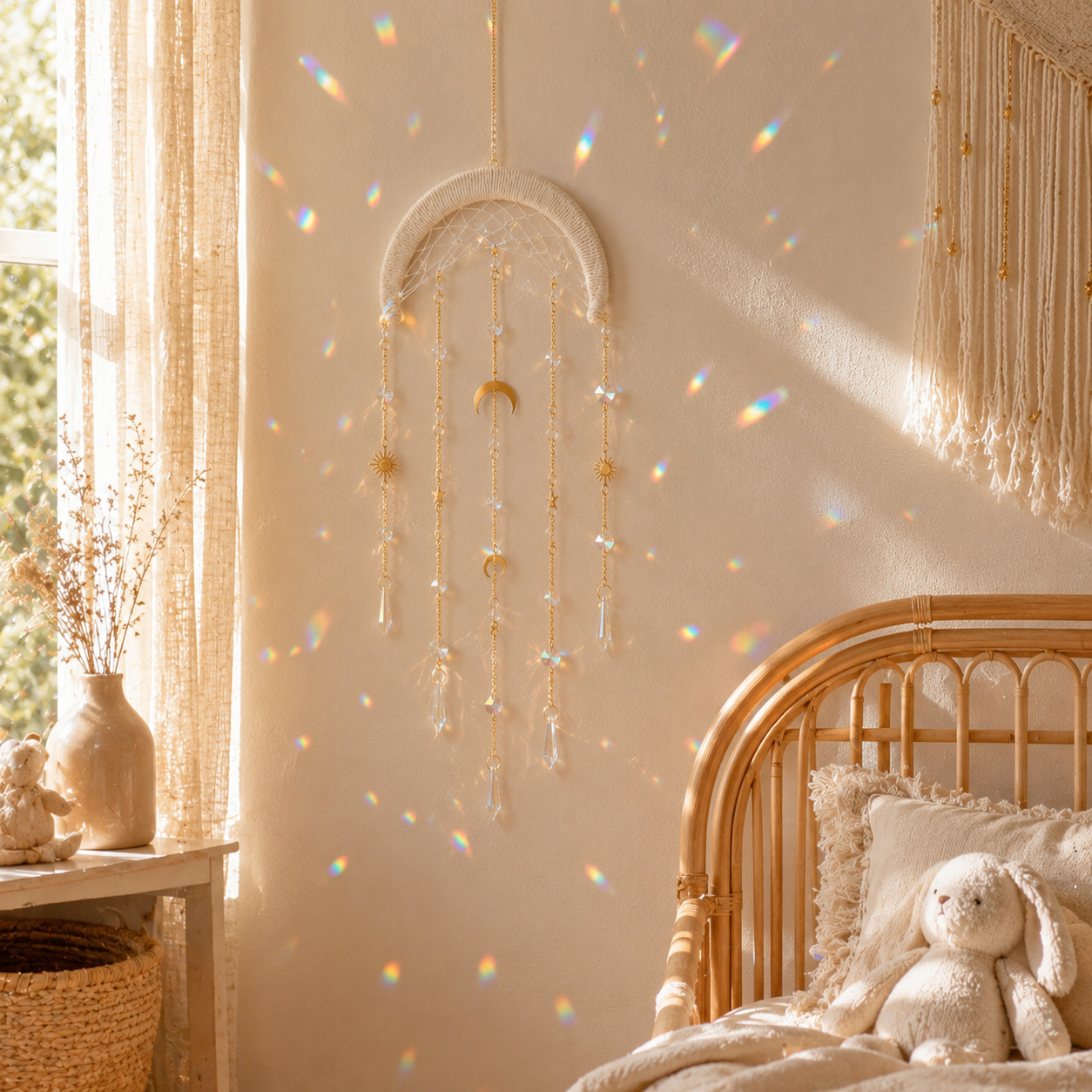 Crystal Moon Suncatcher Wall Hanging – Boho Celestial Window Décor with Rainbow Prisms
