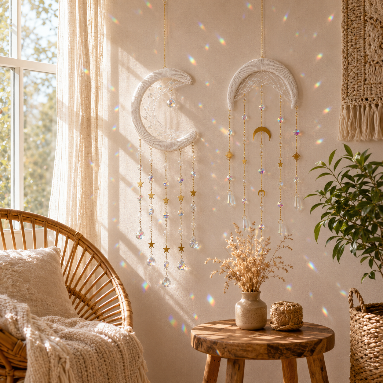 Crystal Moon Suncatcher Wall Hanging – Boho Celestial Window Décor with Rainbow Prisms