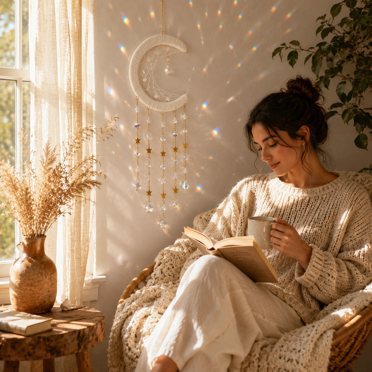 Crystal Moon Suncatcher Wall Hanging – Boho Celestial Window Décor with Rainbow Prisms