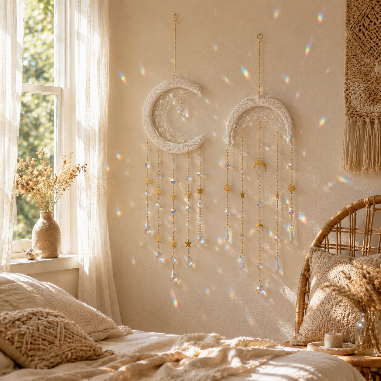 Crystal Moon Suncatcher Wall Hanging – Boho Celestial Window Décor with Rainbow Prisms