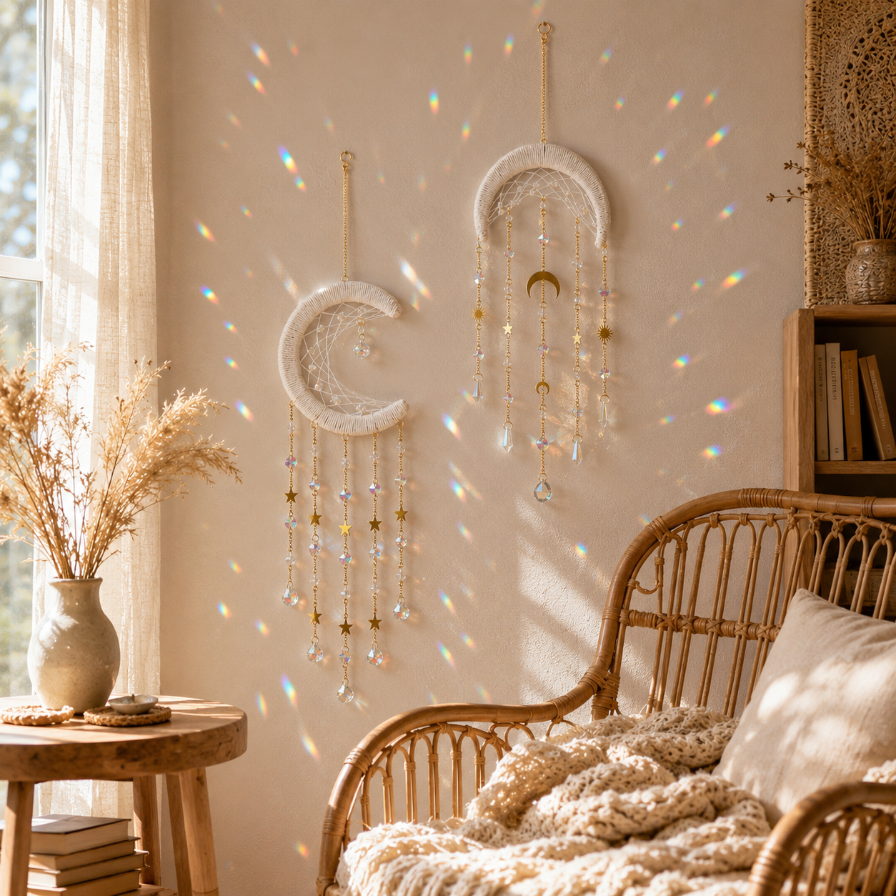 Crystal Moon Suncatcher Wall Hanging – Boho Celestial Window Décor with Rainbow Prisms