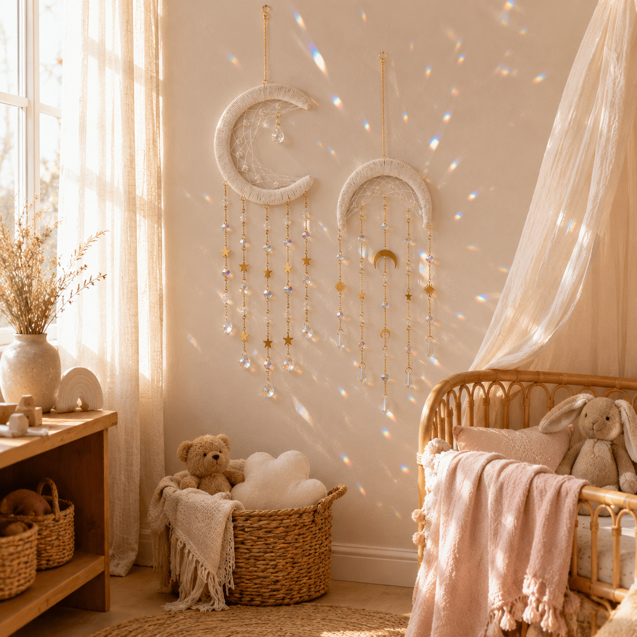 Crystal Moon Suncatcher Wall Hanging – Boho Celestial Window Décor with Rainbow Prisms