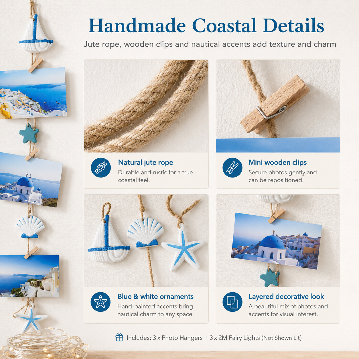 3-Piece Coastal Photo Hanger Set with LED Fairy Lights