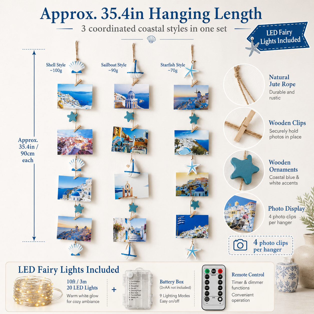 3-Piece Coastal Photo Hanger Set with LED Fairy Lights