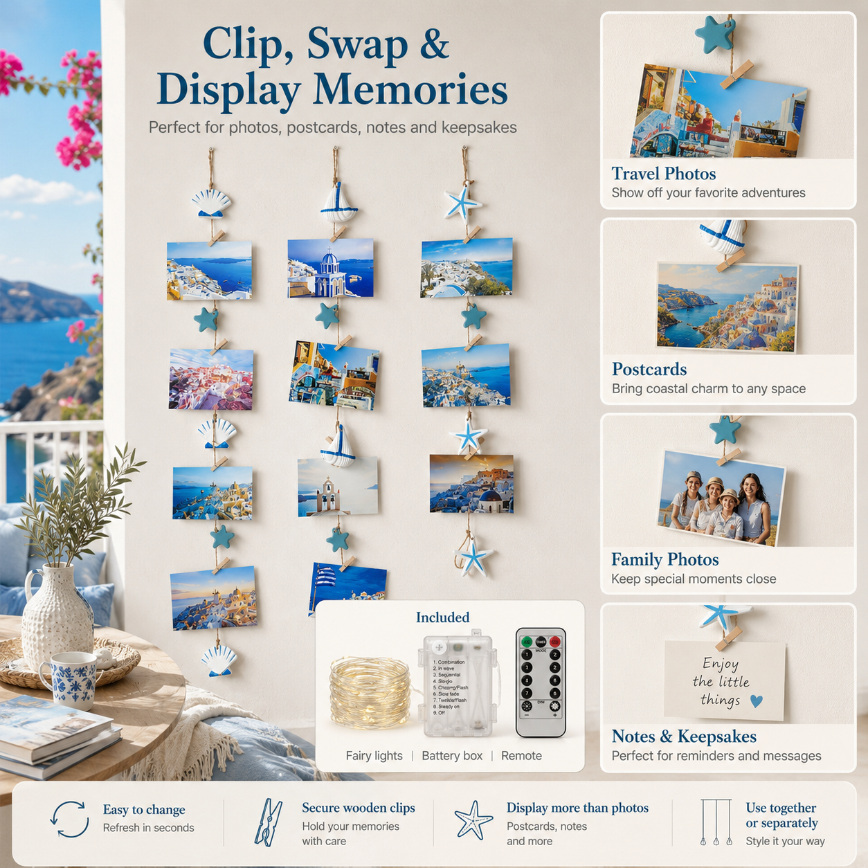 3-Piece Coastal Photo Hanger Set with LED Fairy Lights