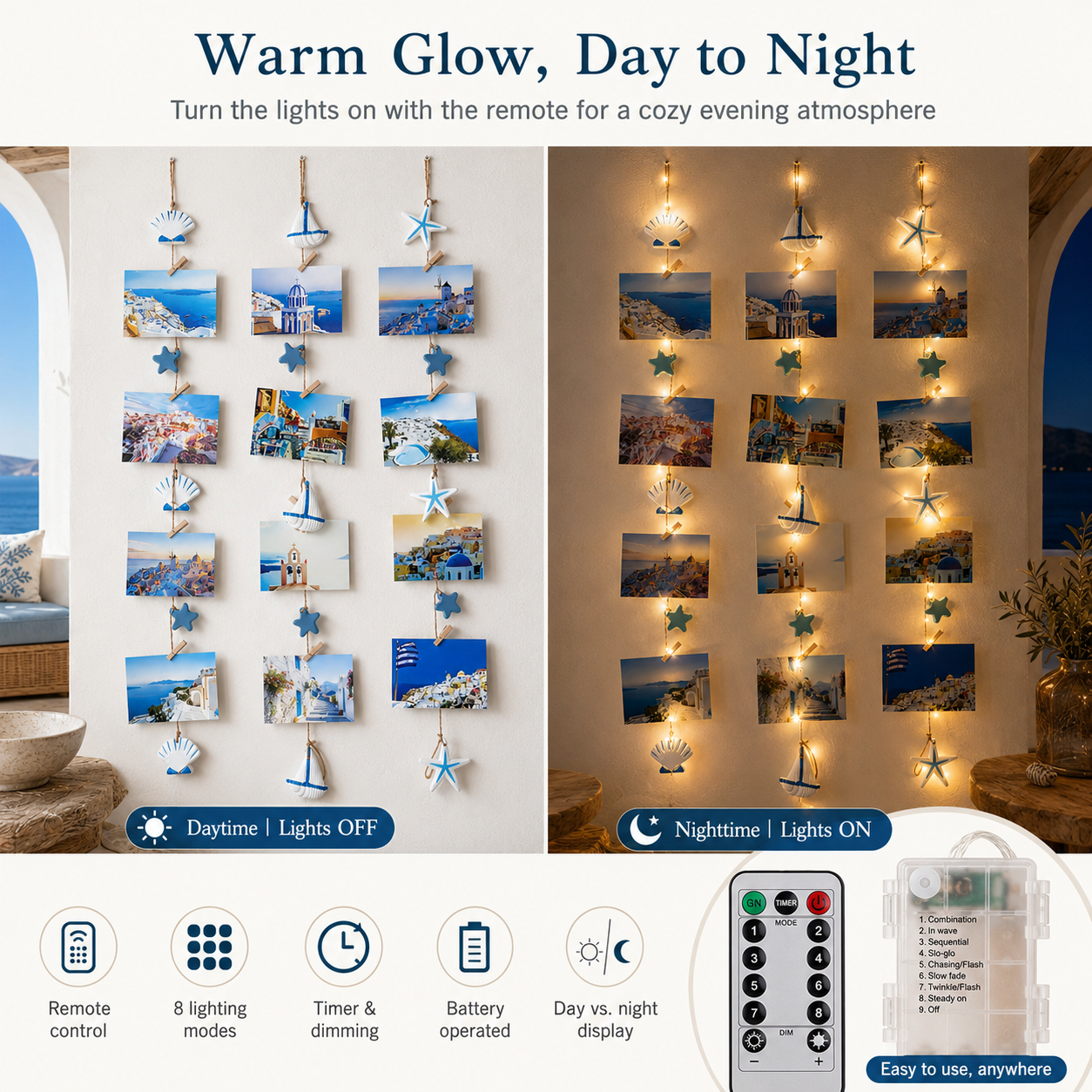 3-Piece Coastal Photo Hanger Set with LED Fairy Lights
