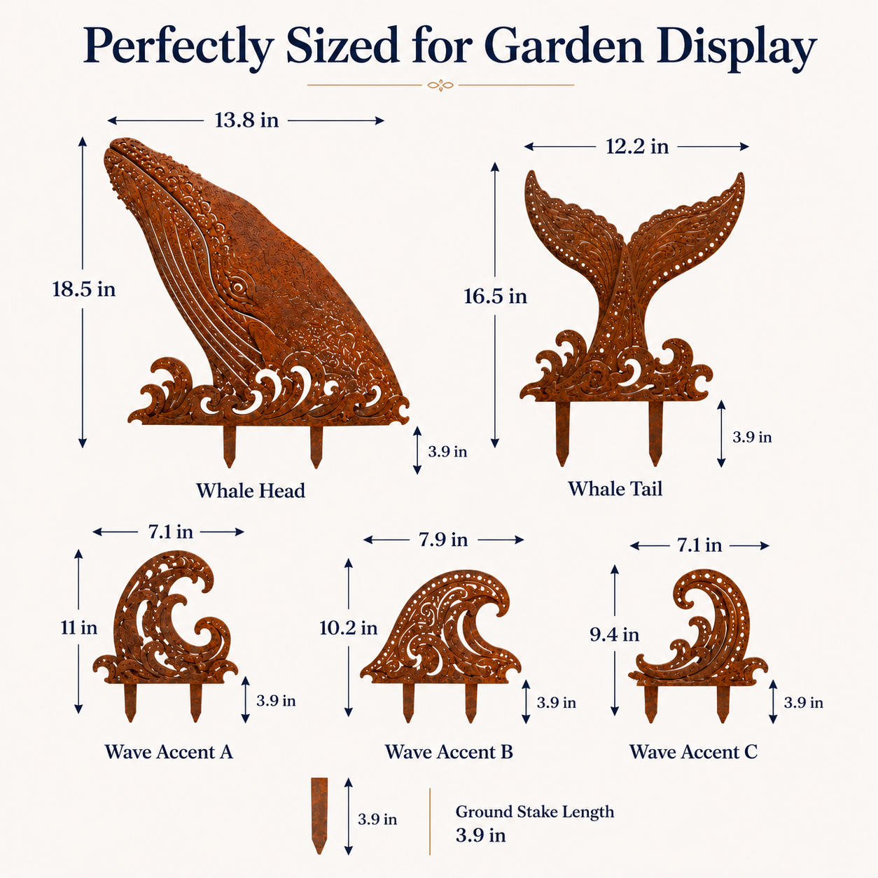 5-Piece Whale Garden Stakes – Rustic Metal Ocean Wave Yard Art🐳