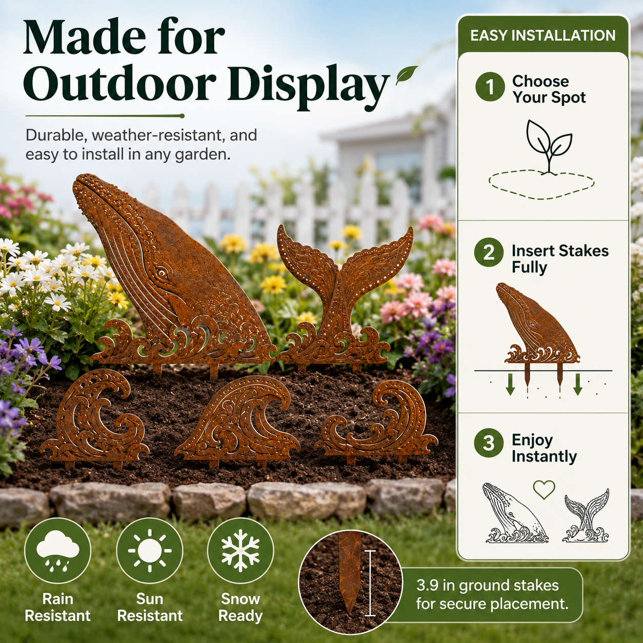 5-Piece Whale Garden Stakes – Rustic Metal Ocean Wave Yard Art🐳