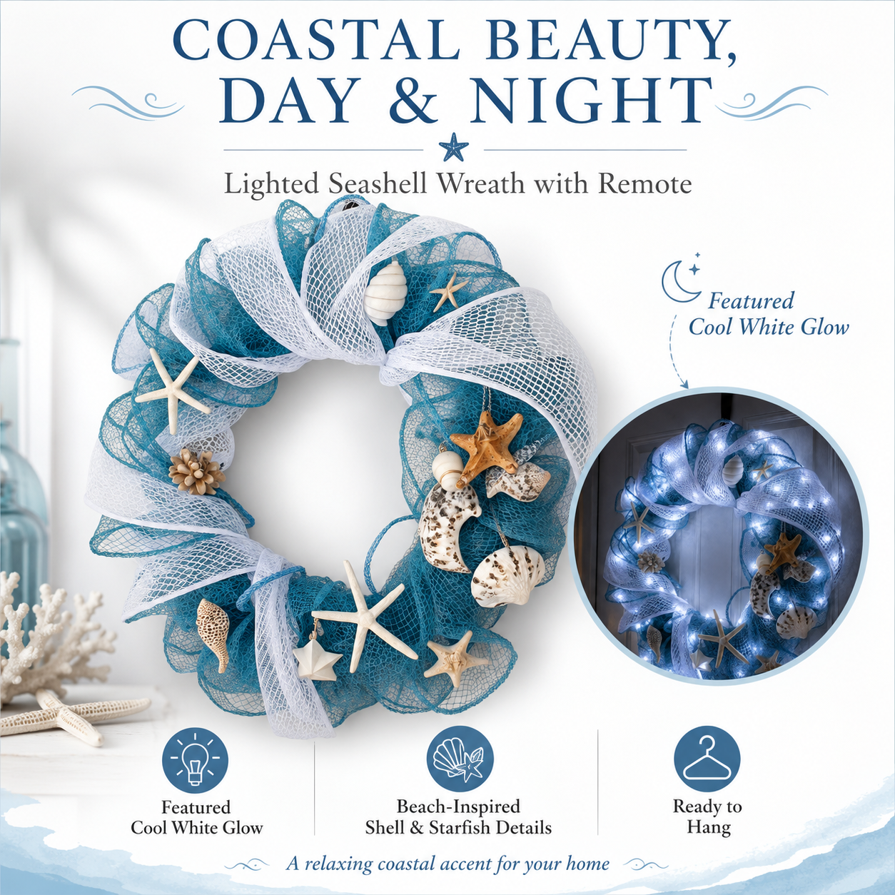 Lighted Coastal Seashell Wreath with Remote – Blue & White Beach Door Decor