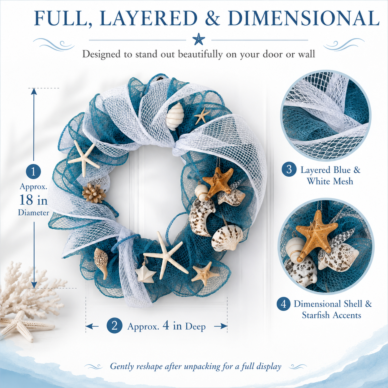 Lighted Coastal Seashell Wreath with Remote – Blue & White Beach Door Decor