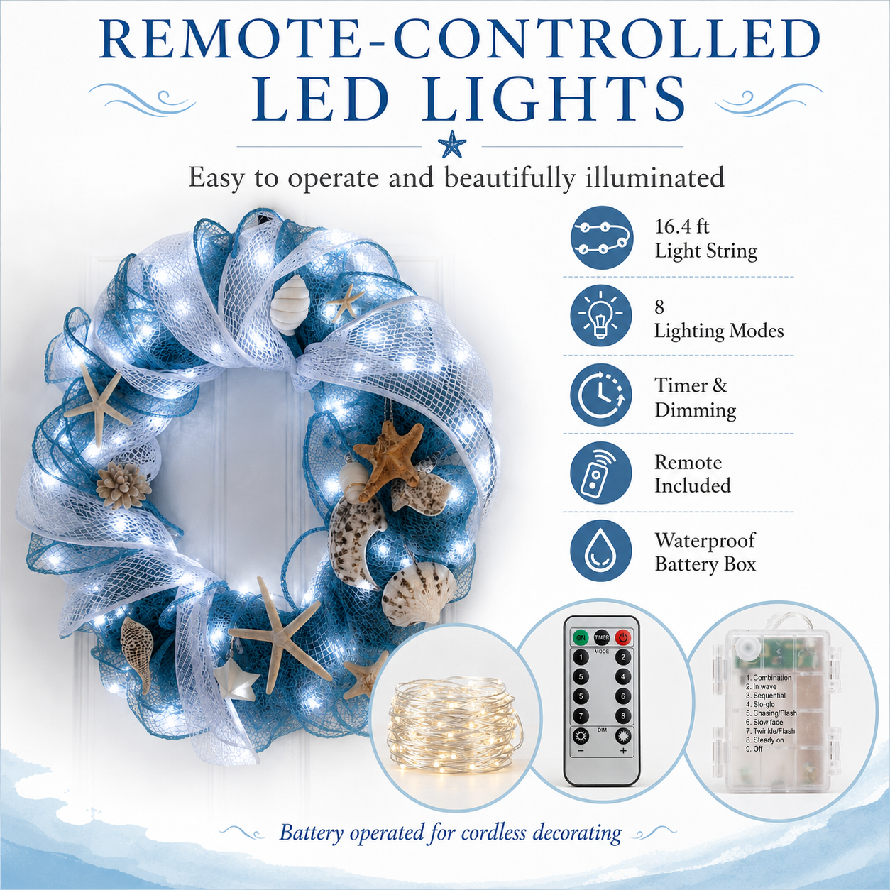 Lighted Coastal Seashell Wreath with Remote – Blue & White Beach Door Decor