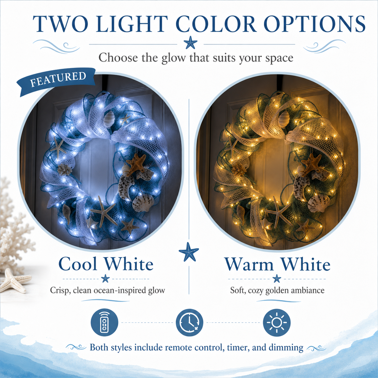 Lighted Coastal Seashell Wreath with Remote – Blue & White Beach Door Decor
