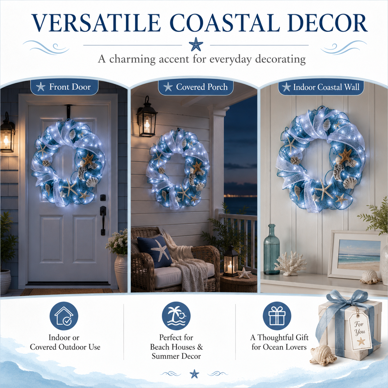 Lighted Coastal Seashell Wreath with Remote – Blue & White Beach Door Decor
