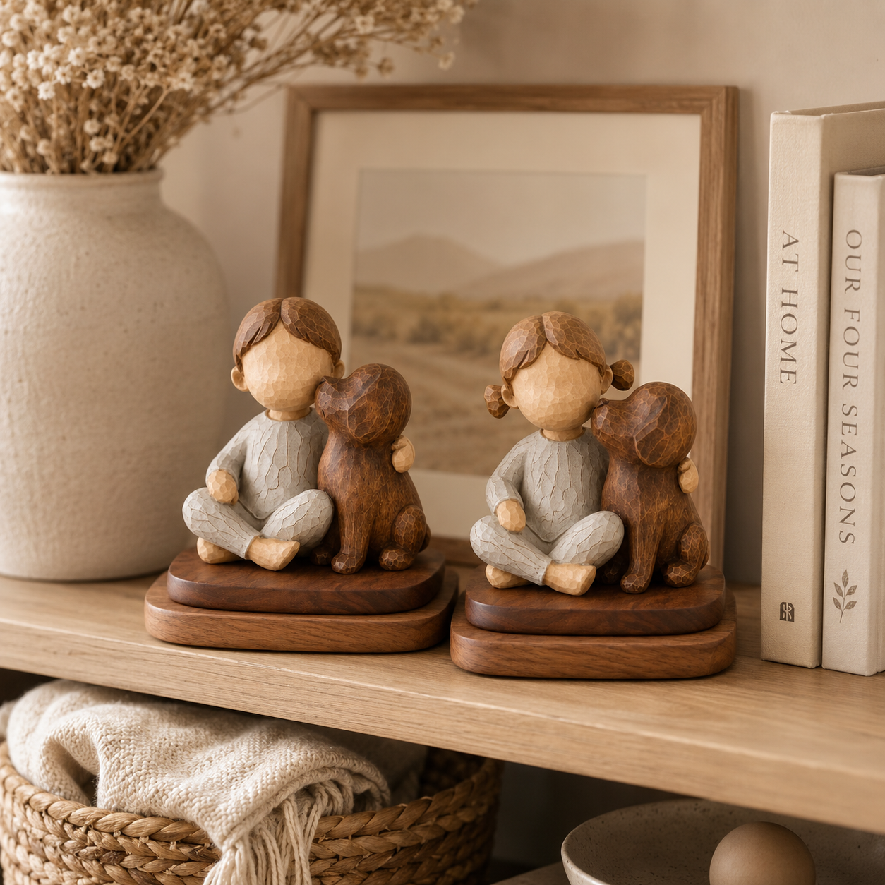 Boy & Girl with Dog Figurine Set with Wooden Bases