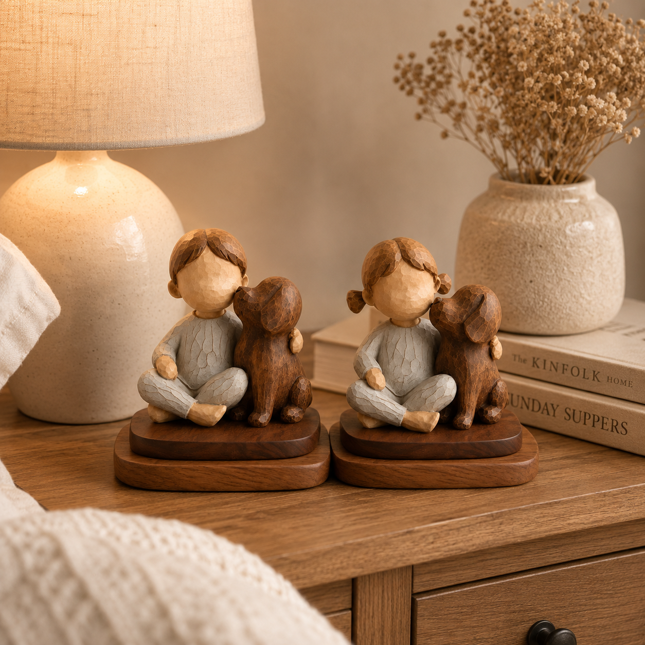 Boy & Girl with Dog Figurine Set with Wooden Bases
