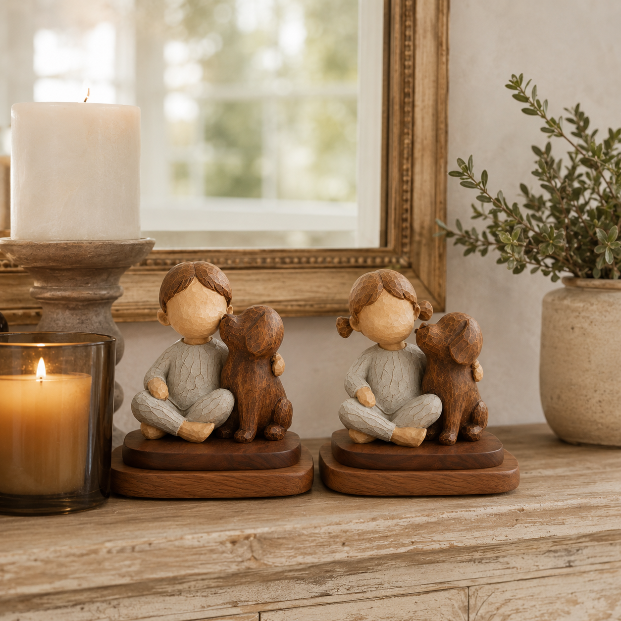 Boy & Girl with Dog Figurine Set with Wooden Bases