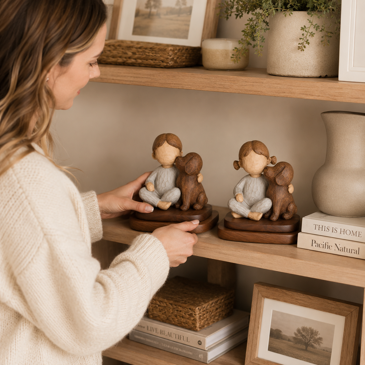 Boy & Girl with Dog Figurine Set with Wooden Bases
