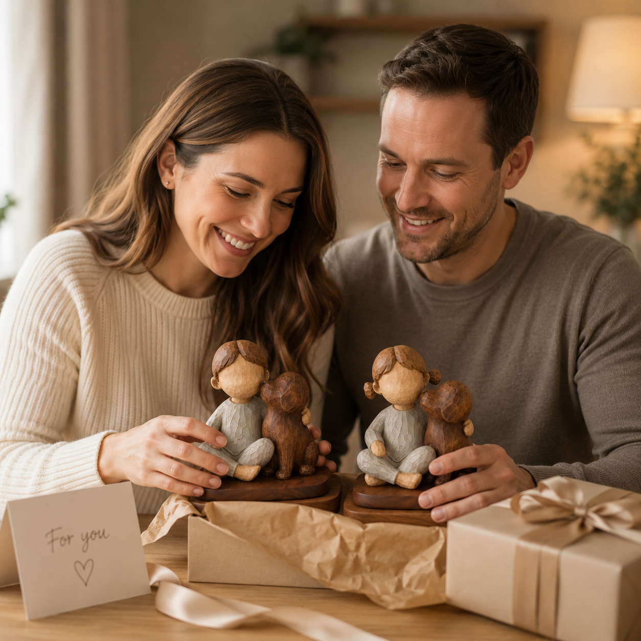 Boy & Girl with Dog Figurine Set with Wooden Bases