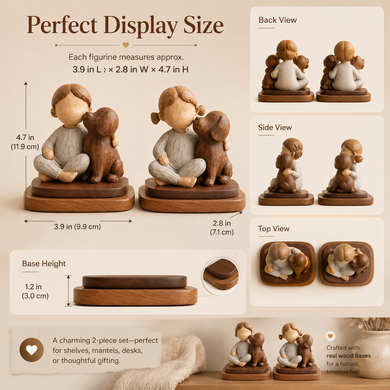 Boy & Girl with Dog Figurine Set with Wooden Bases