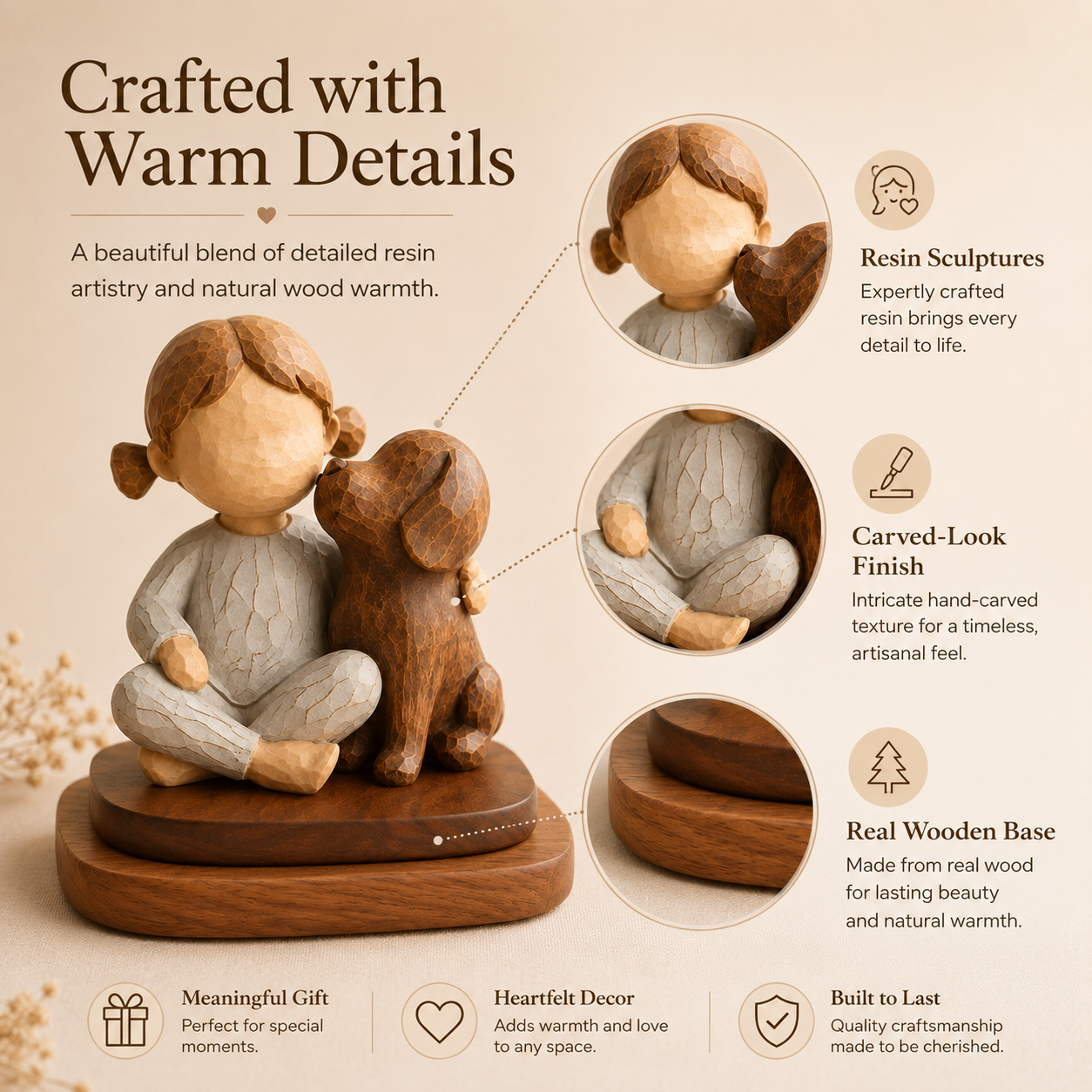 Boy & Girl with Dog Figurine Set with Wooden Bases