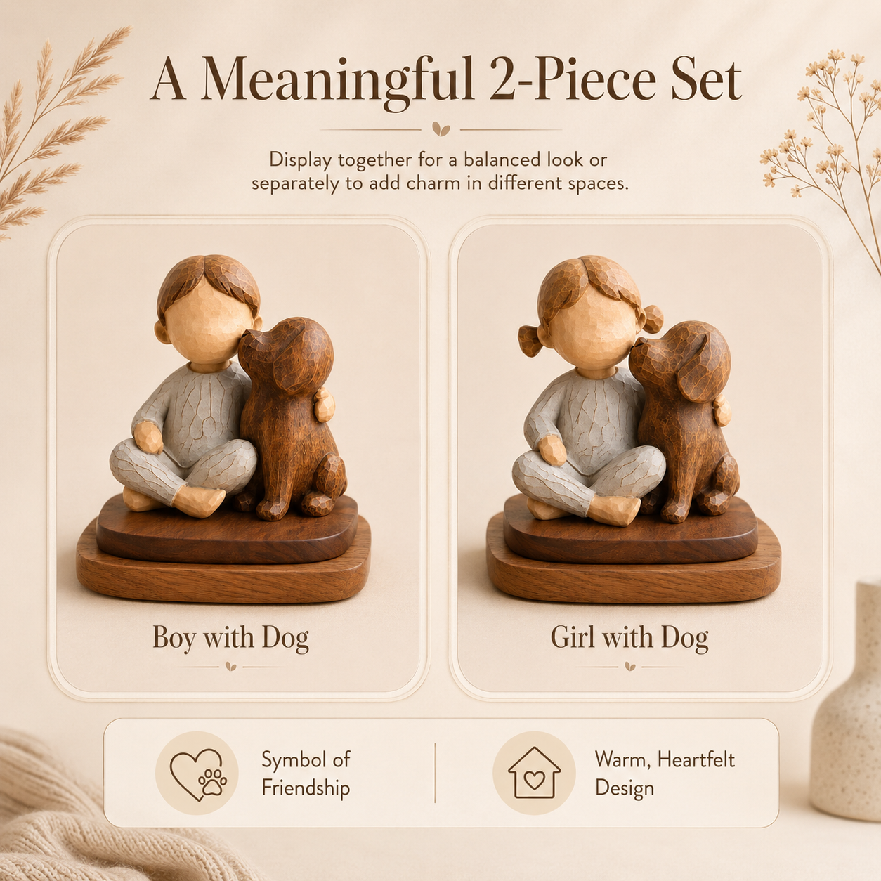 Boy & Girl with Dog Figurine Set with Wooden Bases