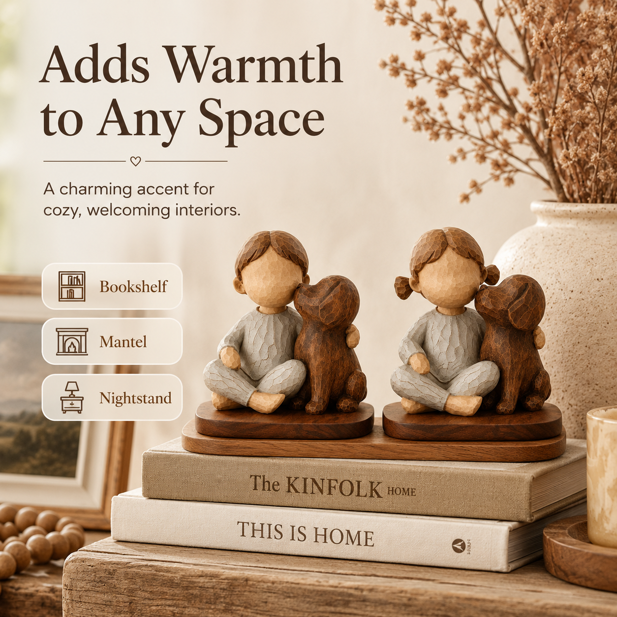 Boy & Girl with Dog Figurine Set with Wooden Bases