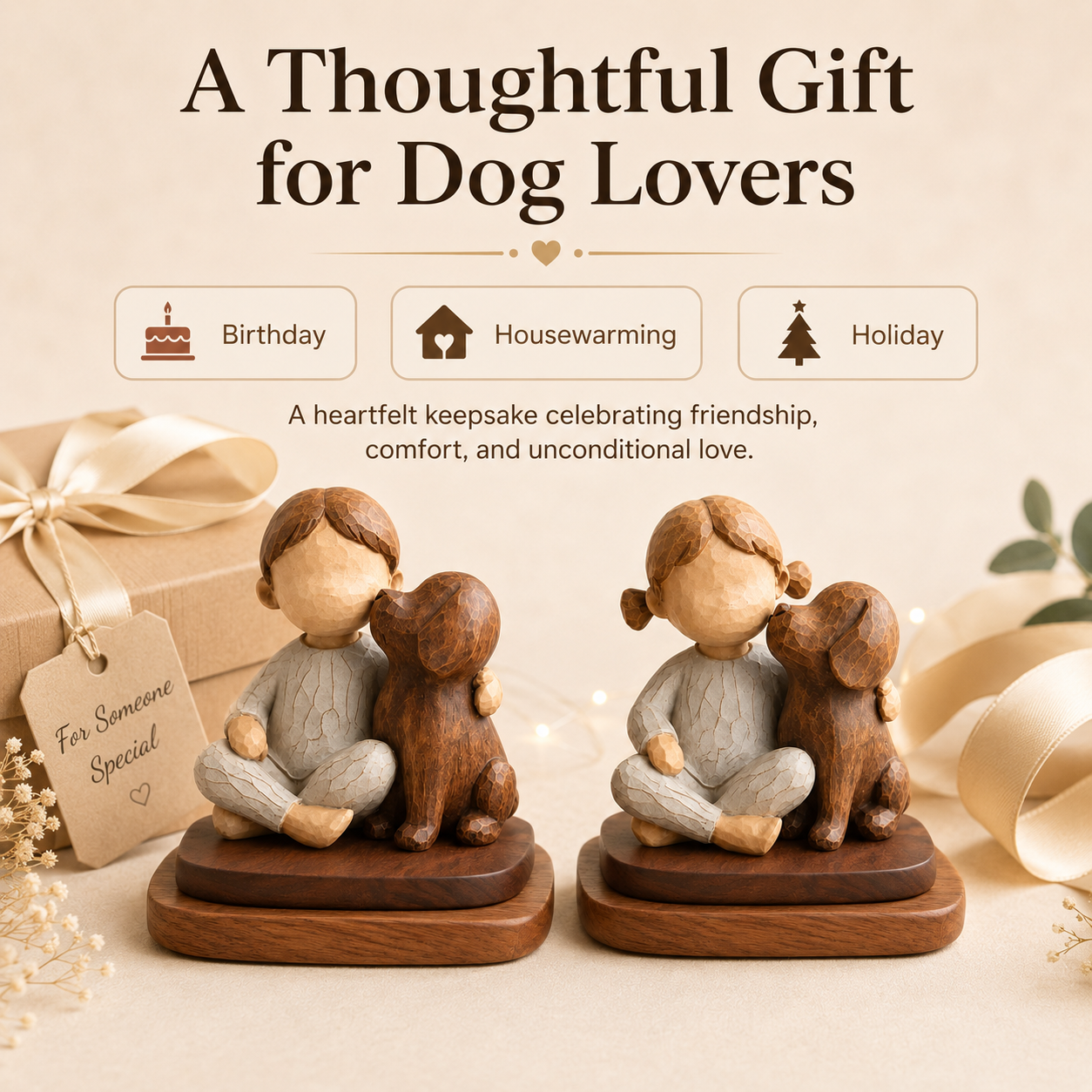 Boy & Girl with Dog Figurine Set with Wooden Bases