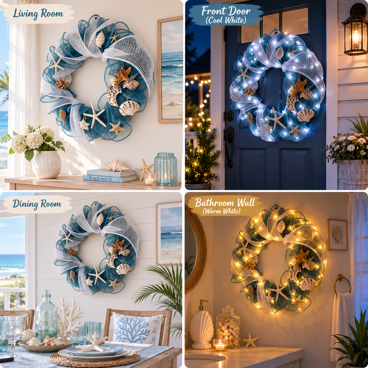 Lighted Coastal Seashell Wreath with Remote – Blue & White Beach Door Decor
