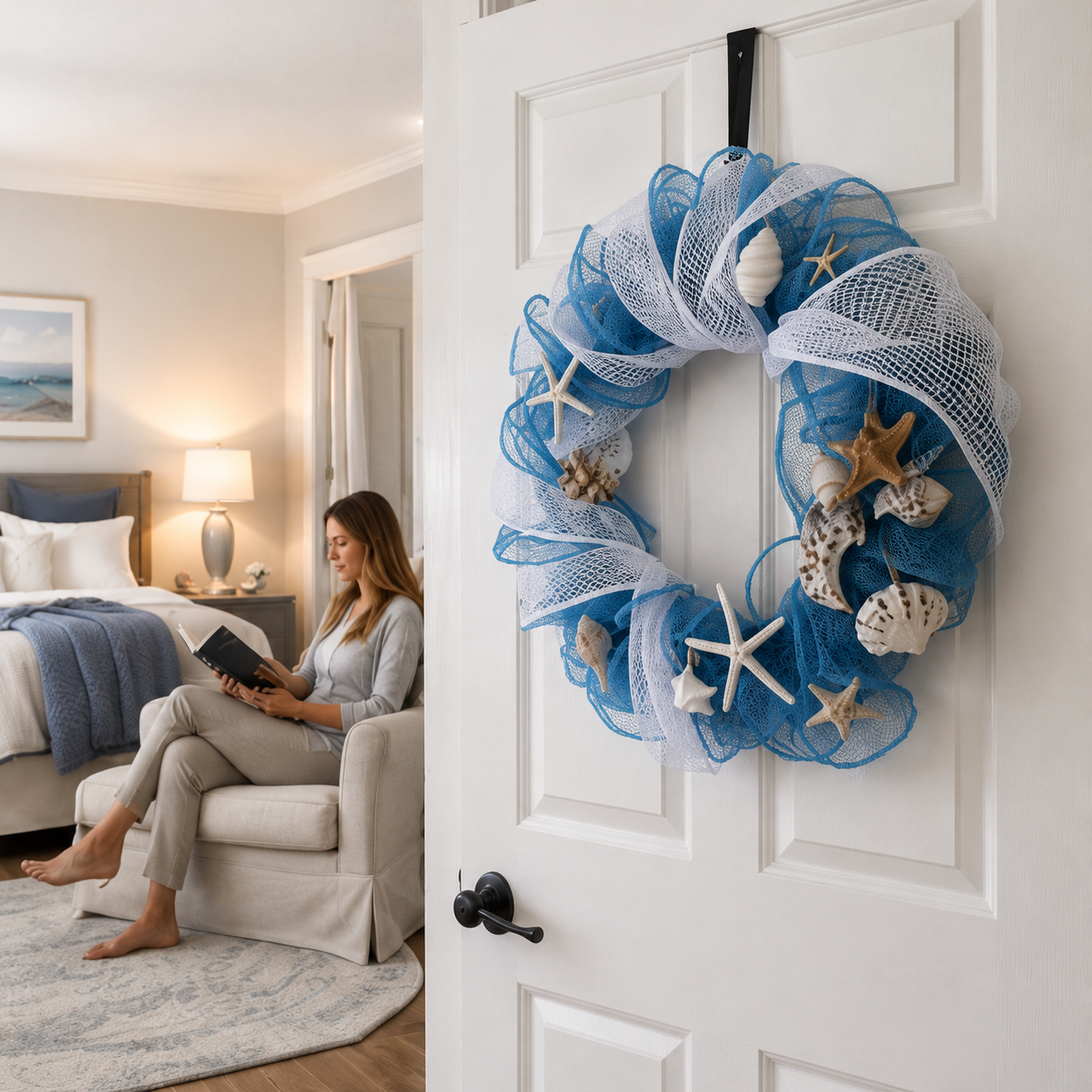 Lighted Coastal Seashell Wreath with Remote – Blue & White Beach Door Decor