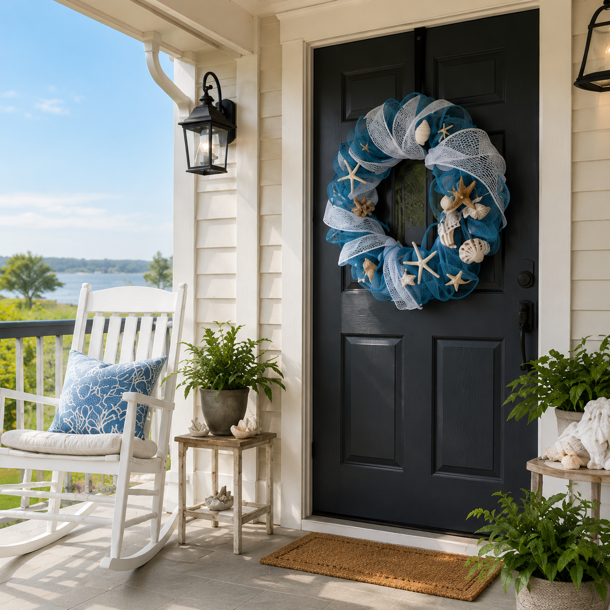 Lighted Coastal Seashell Wreath with Remote – Blue & White Beach Door Decor