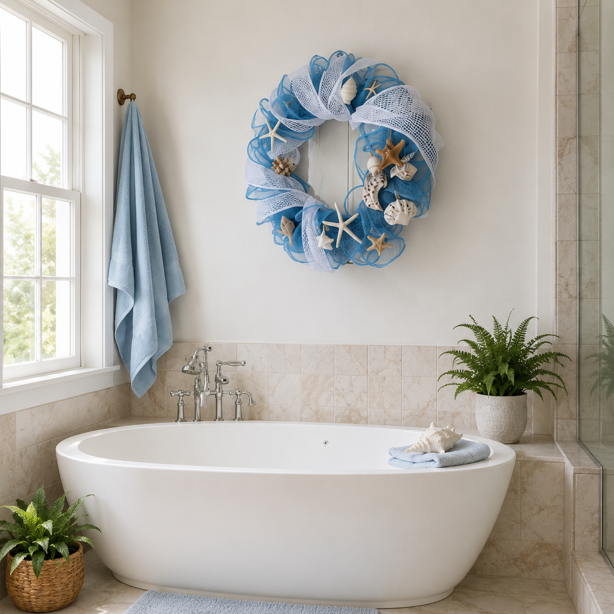Lighted Coastal Seashell Wreath with Remote – Blue & White Beach Door Decor