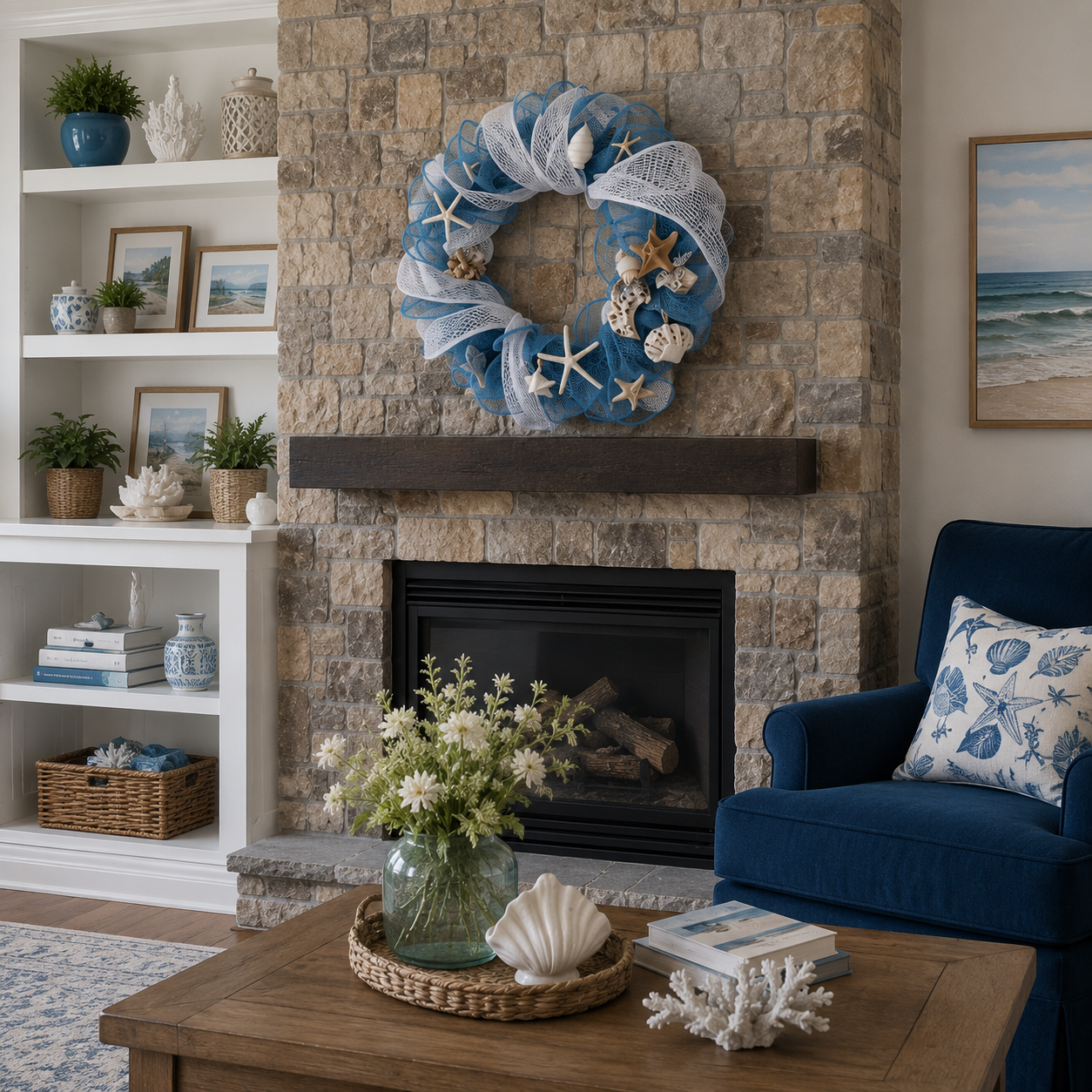Lighted Coastal Seashell Wreath with Remote – Blue & White Beach Door Decor