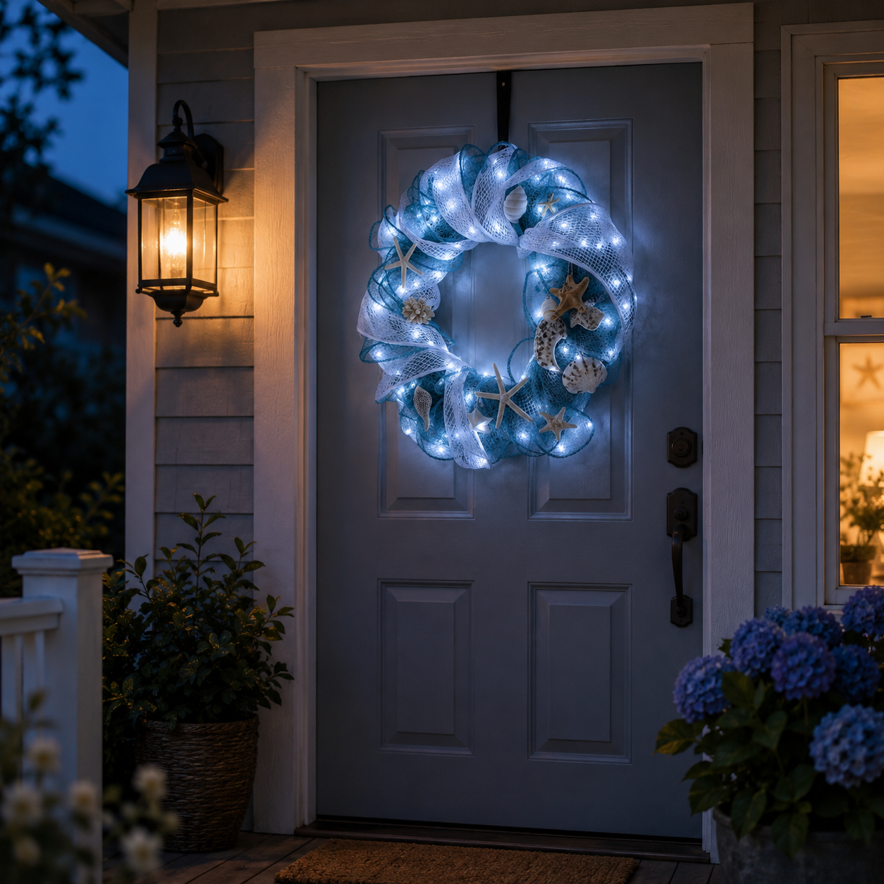 Lighted Coastal Seashell Wreath with Remote – Blue & White Beach Door Decor