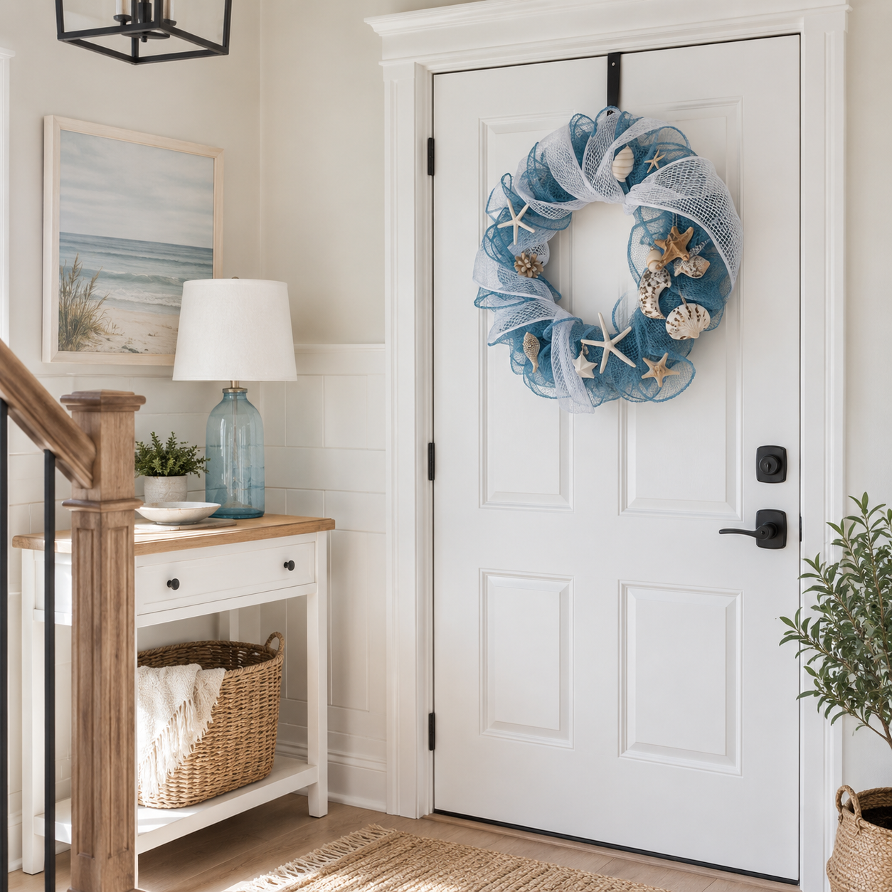 Lighted Coastal Seashell Wreath with Remote – Blue & White Beach Door Decor
