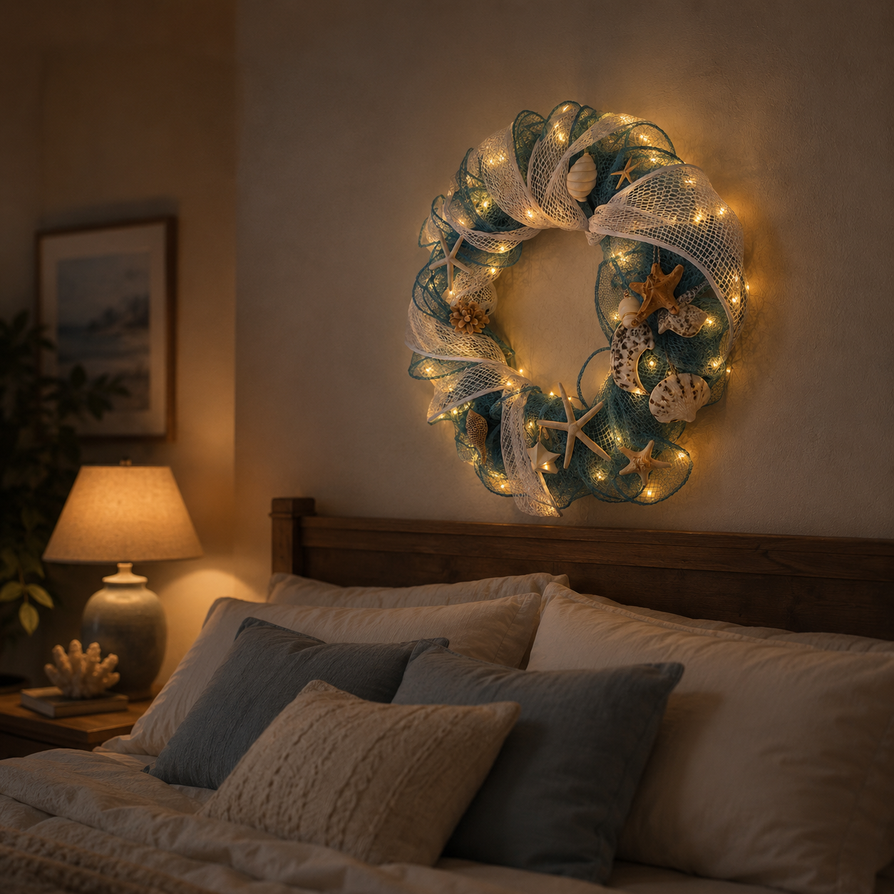 Lighted Coastal Seashell Wreath with Remote – Blue & White Beach Door Decor