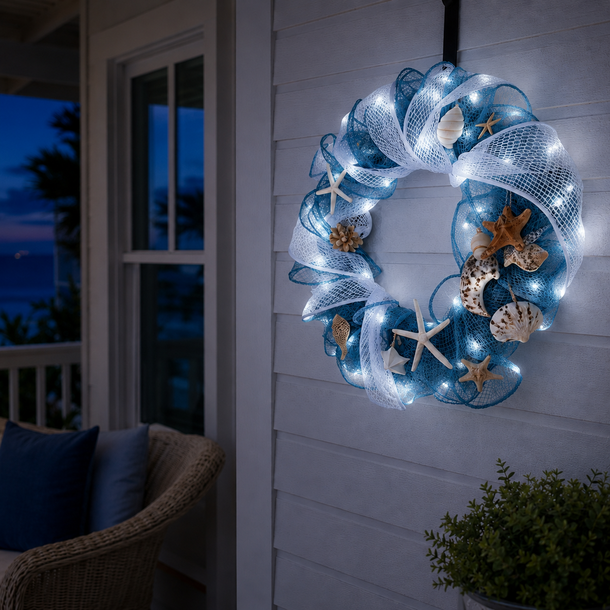 Lighted Coastal Seashell Wreath with Remote – Blue & White Beach Door Decor