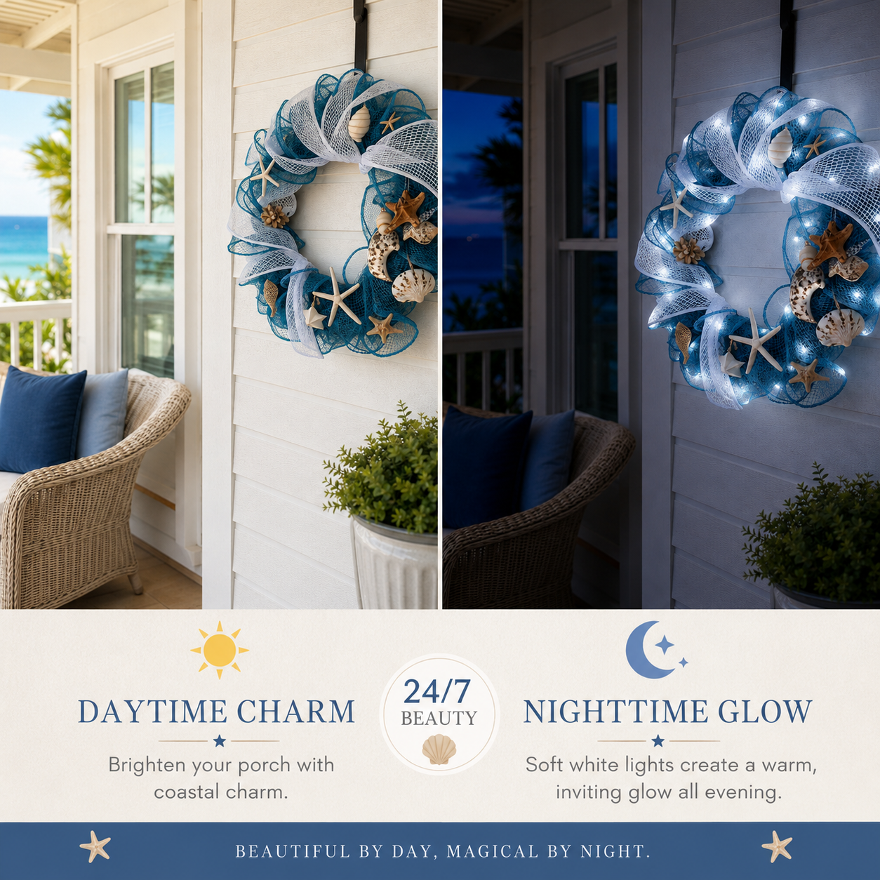 Lighted Coastal Seashell Wreath with Remote – Blue & White Beach Door Decor