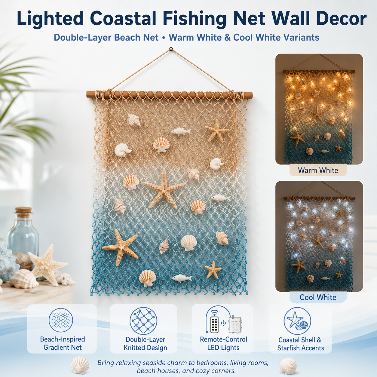 Lighted Coastal Fishing Net Wall Decor