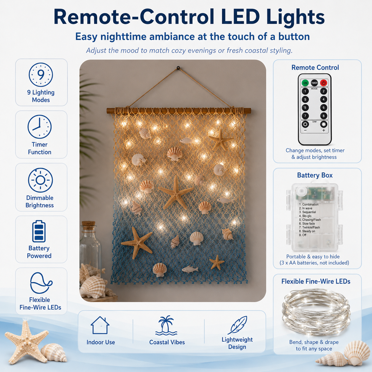 Lighted Coastal Fishing Net Wall Decor