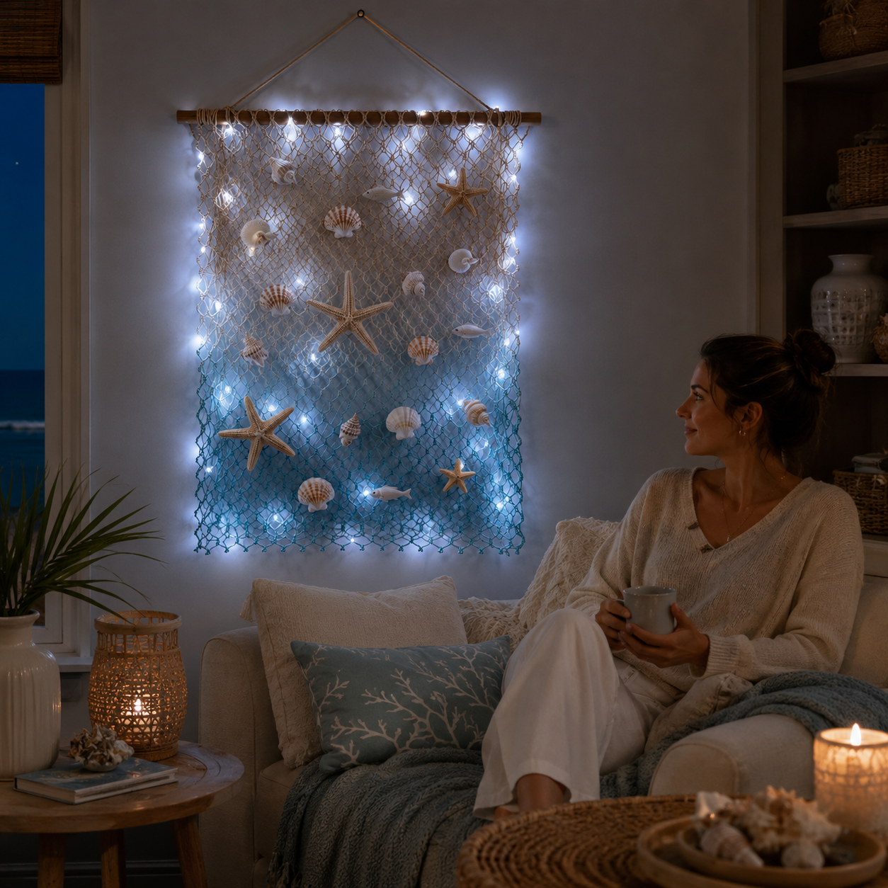 Lighted Coastal Fishing Net Wall Decor