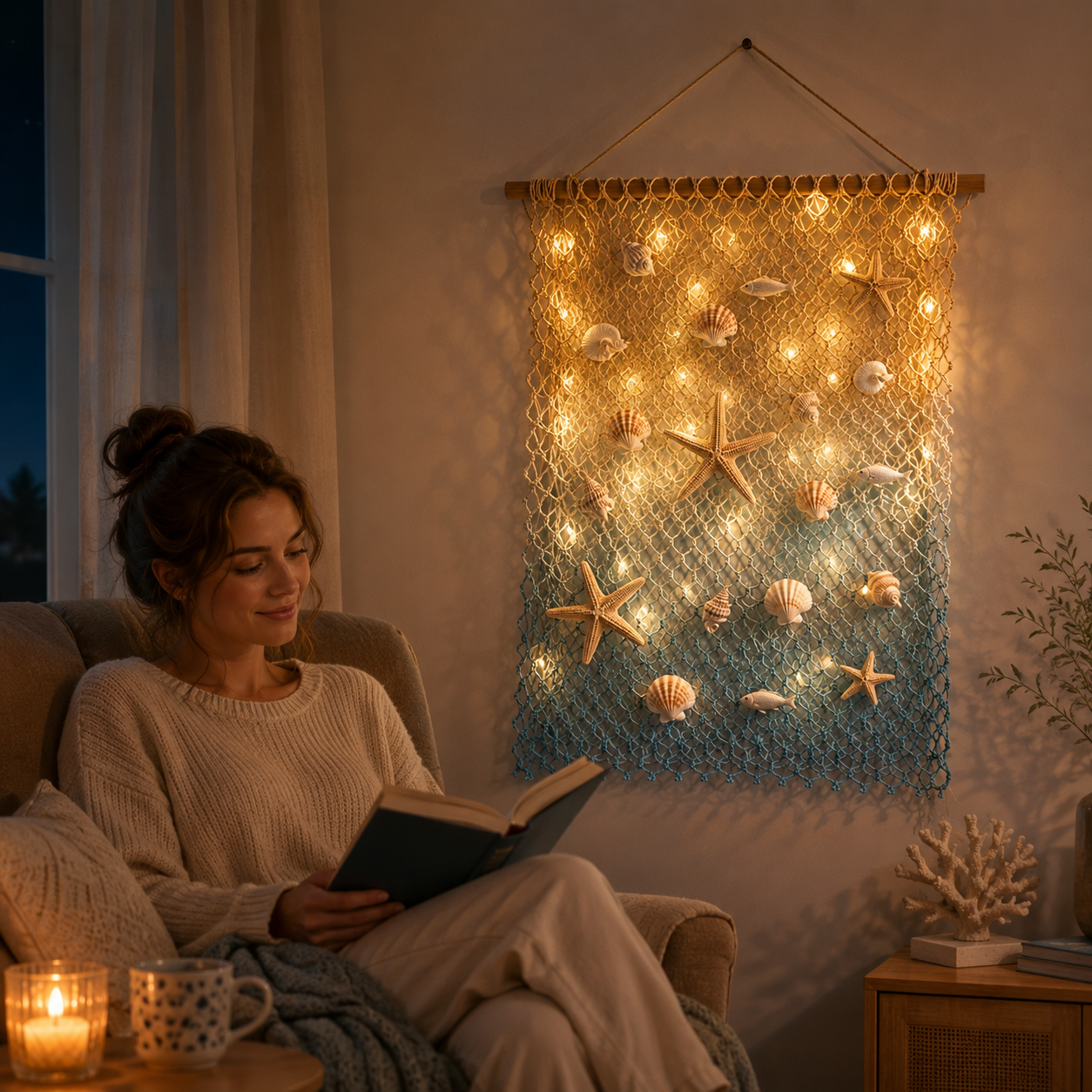 Lighted Coastal Fishing Net Wall Decor